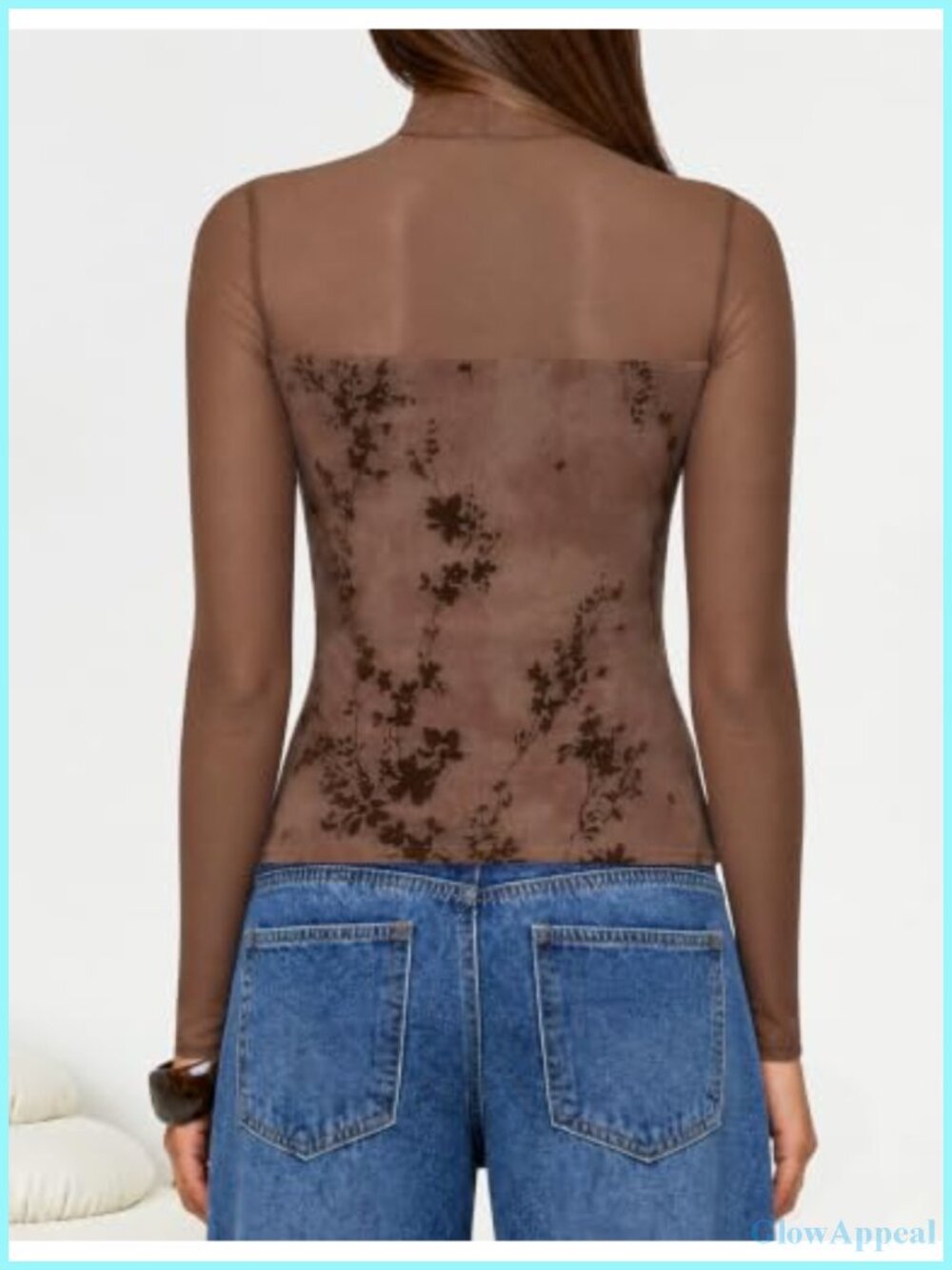 ZESICA Women's Long Sleeve Turtleneck Floral Sheer Mesh Ruched Top - Picture 4 of 6